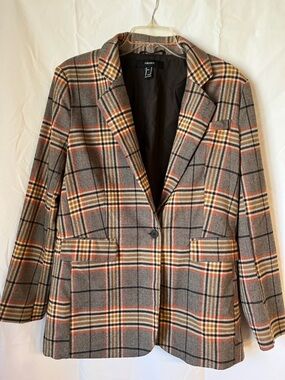 Forever 21 Plaid Blazer in Gray with Orange and Cream Stripes